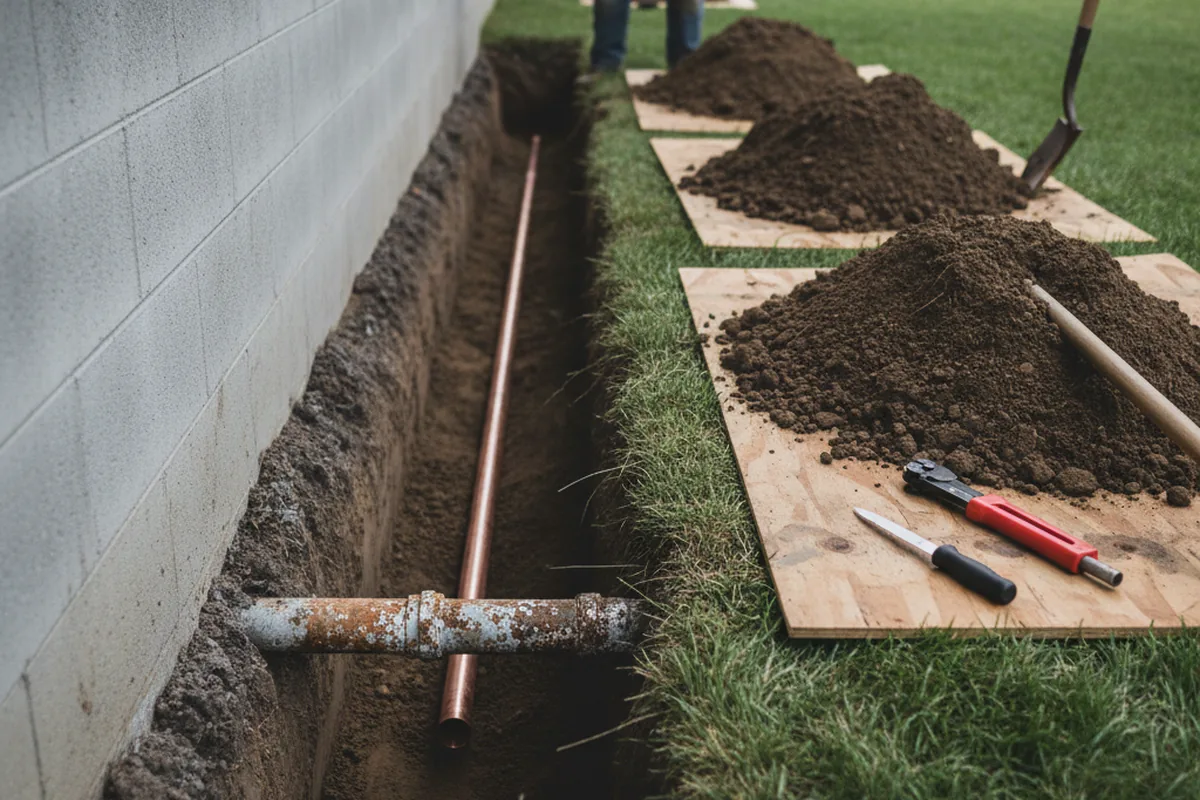 Excavated water line trench during Water Softener Installation in East Sandwich